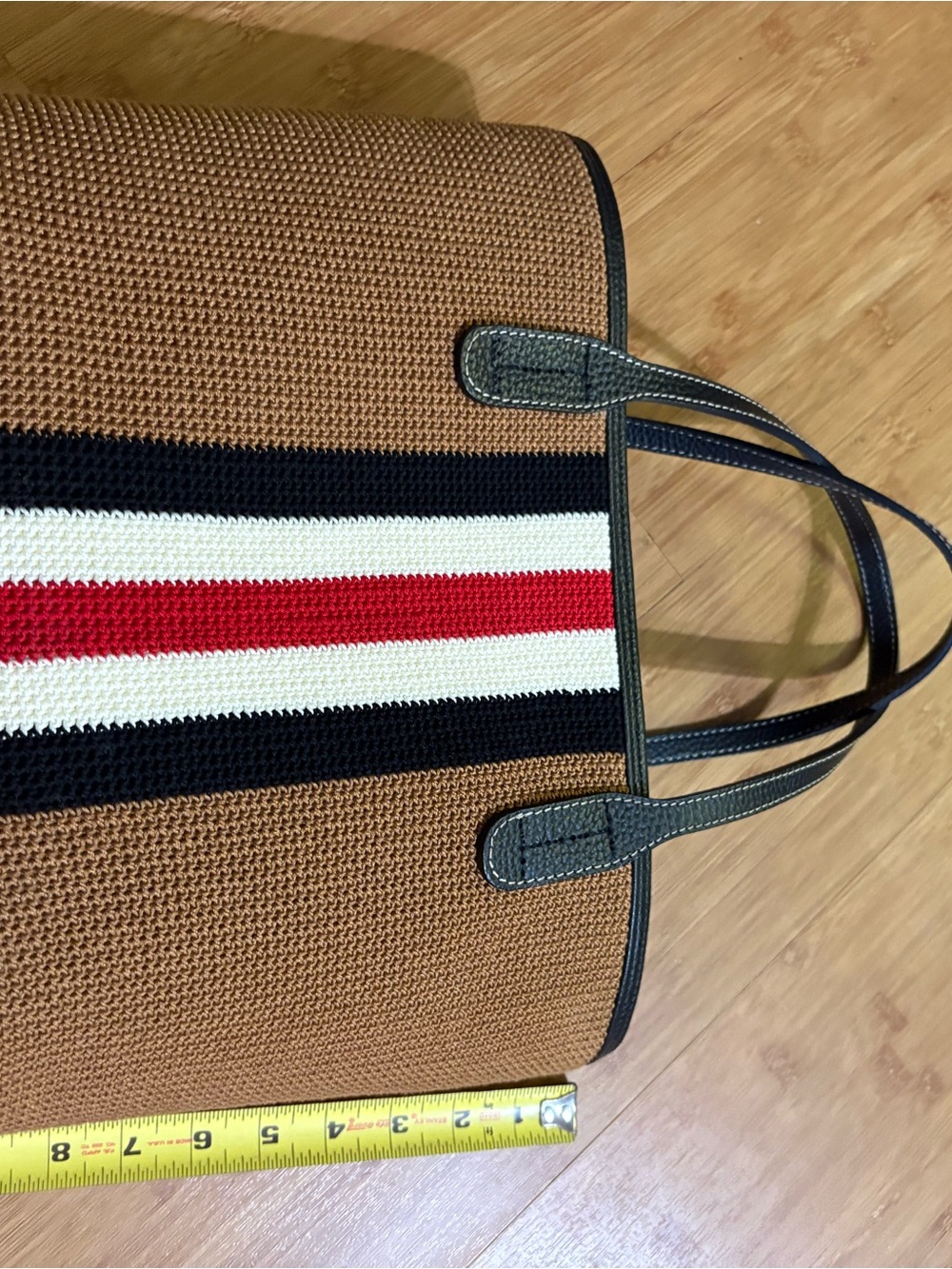 Striped Knit Tote Bag - Tan with Black, Red & White Accent